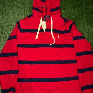 Ralph Lauren Red and Navy Striped Hooded Sweatshirt